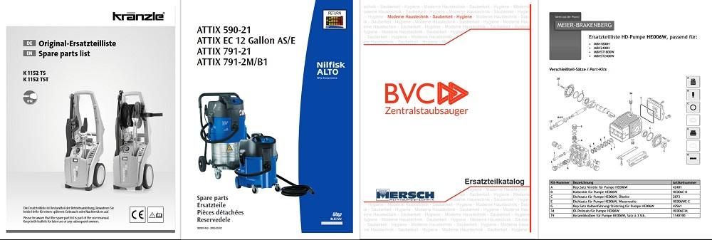 Alt-Text: Übersicht der Ersatzteillisten für Kränzle Hochdruckreiniger, Nilfisk ALTO Modelle und BVC Zentralstaubsauger, einschließlich detaillierter Teilekataloge und Anleitungen zur Identifizierung von Ersatzteilen.